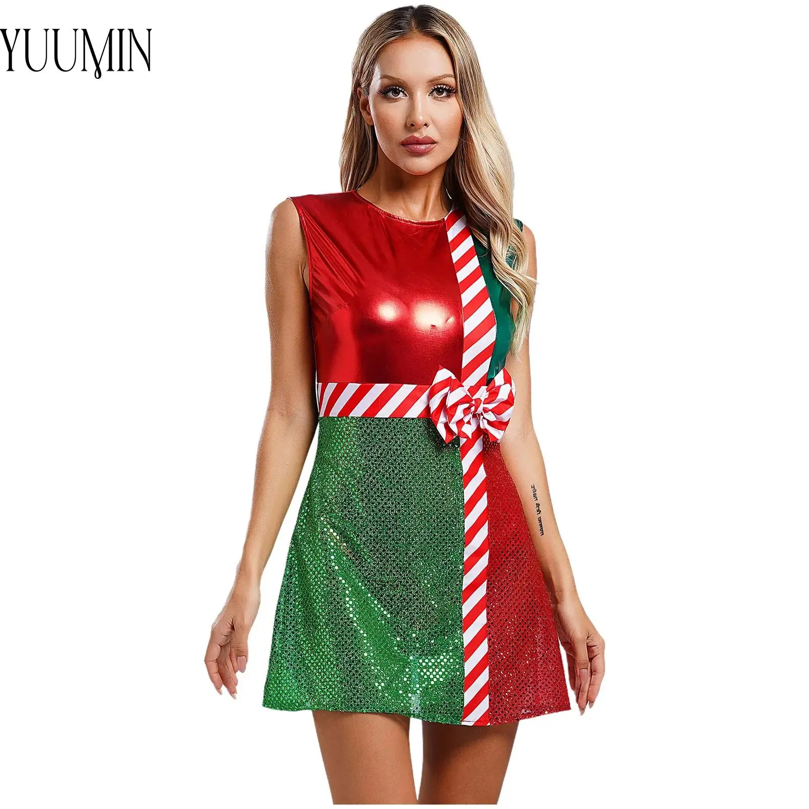 Women Metallic Shiny Sequins Christmas Dress Dance Dress with Safe Briefs Round Neck Sleeveless Bowknot Contrast