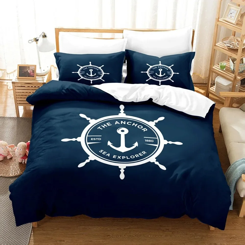 Marine Duvet Cover Set Anchor Pattern Bedding Set Ultra Soft ComforterQuilt Cover Set&Pillowcases for Kids Teens Boys Bedroom