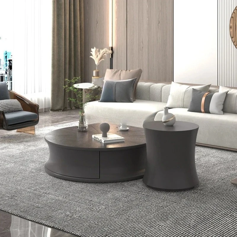 Light Luxury round Solid Wood Tea Table Combination Designer Creative Personality High Sense