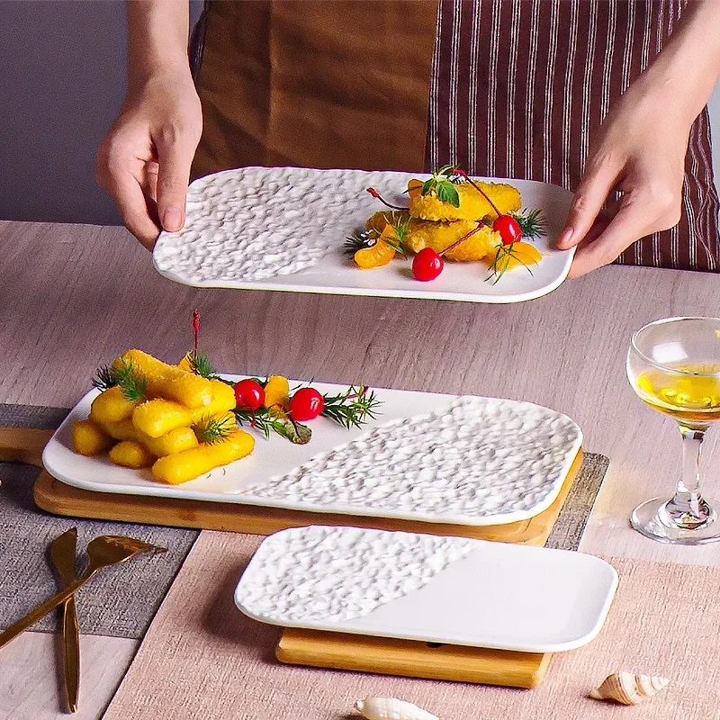 Japanese stone pattern ceramic sushi plate sashimi long square vegetable plate dessert inventory heart high value high sense