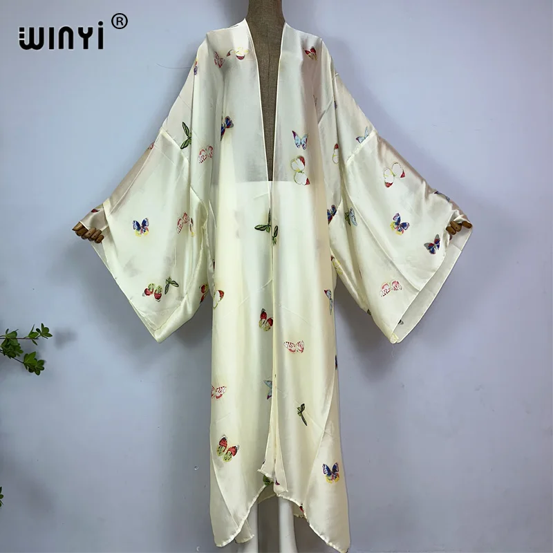 WINYI lato afryka kobiety sweter motyl z nadrukiem długa sukienka elegancka impreza Boho Maxi wakacje na plaży Kimonos kaftan