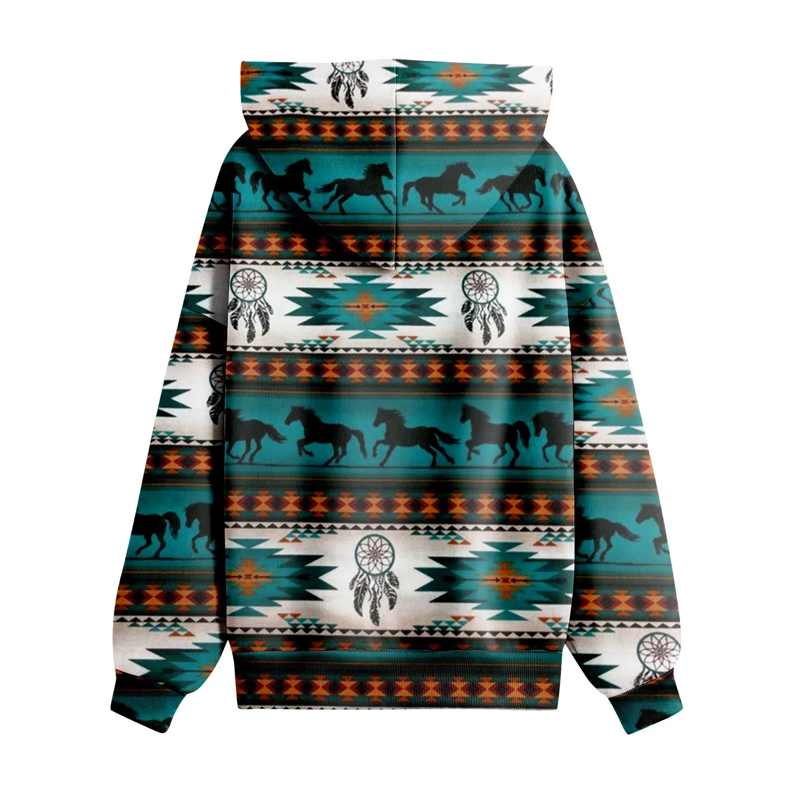 Women’S Casual Geometric Horse Print Long Sleeve Drawstring Pullover Tops, Ethnic Style Hooded Sweatshirt New Fashion Simple