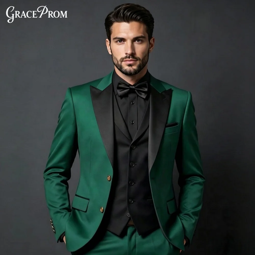 Elegant Emerald Green Black Lapel Men Tuxedo Suit 3PCS Customized Classic Slim Wedding Groom Blazer Vest Pants Formal Outfit