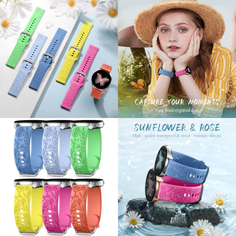 SNBLK 6 Pack Floral Engraved Bands Compatible with Samsung Galaxy Watch 7 Band 6 5 4 Active 2 FE 40mm 44mm/Watch 6/4 Classic/5