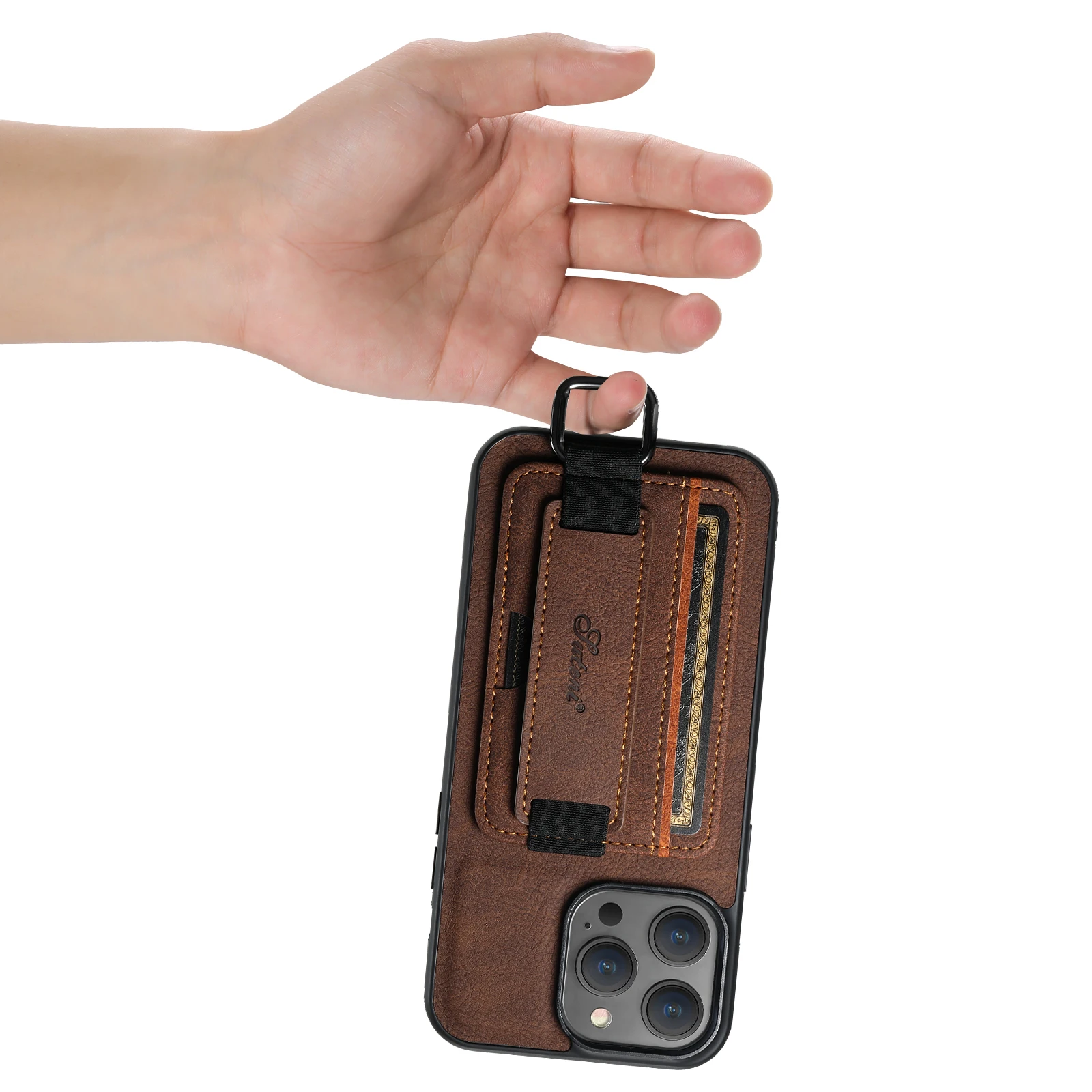 SUTENI Luxury Leather Card Holder Phone Case Wrist Strap Wallet for iPhone 17 16 15 14 13 12 11 Pro Plus Max X Xs XR