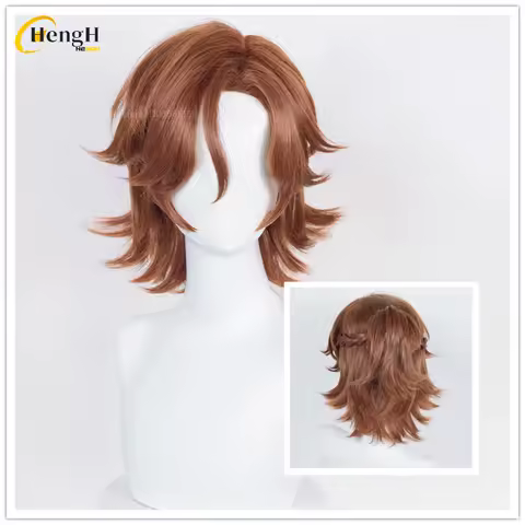 In Stock Synthetic Anime ES Mikejima Madara Cosplay Wig Unisex Short 37cm Brown Red Ponytail Wig Heat Resistant Hair Party Wigs