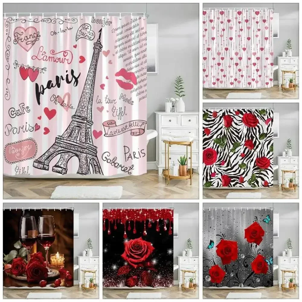 Paris Eiffelturm Rosa Duschvorhang Valentinstag Blumen und Schmetterlinge Polyester Waschbare Duschvorhänge Badezimmer Dezember
