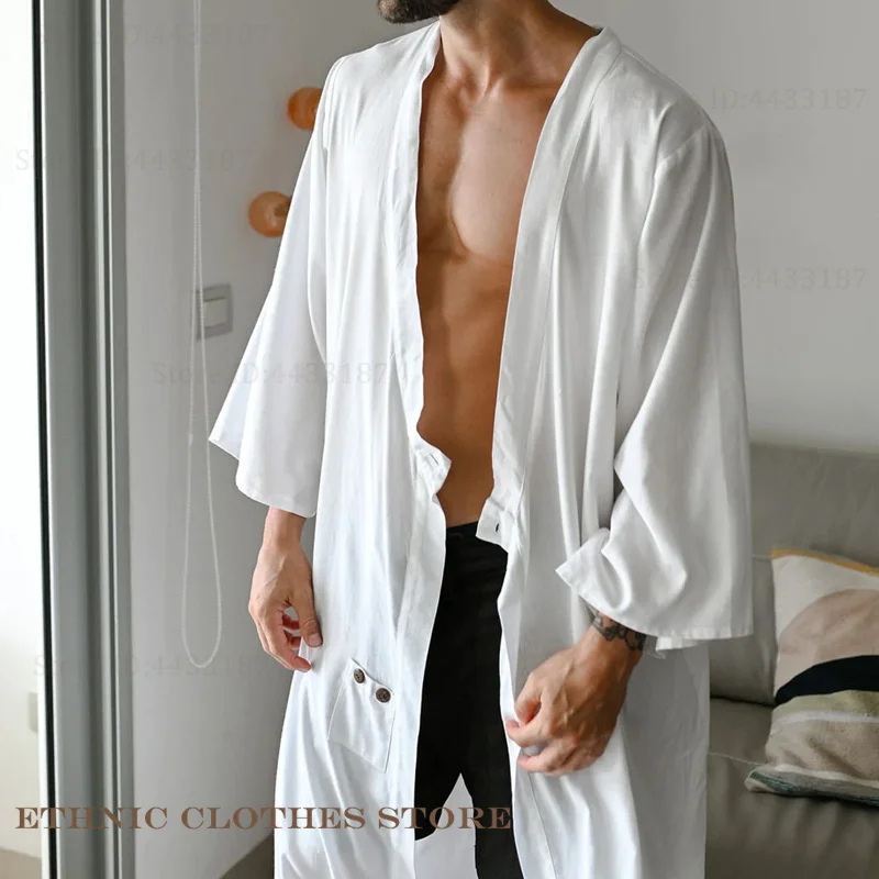 

ПЛЮС РАЗМЕР Мужское кимоно Кардиган Традиционная японская юката хаори Длинный халат Платье Харадзюку Костюм самурая Свободная рубашка Верхняя одежда