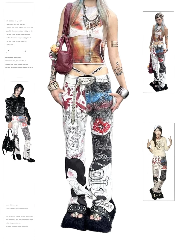 

Women's White Baggy Graffiti Print Jeans Harajuku Denim Trousers Japanese 2000s Style Y2k Vintage Jean Pants Emo Trashy Clothes