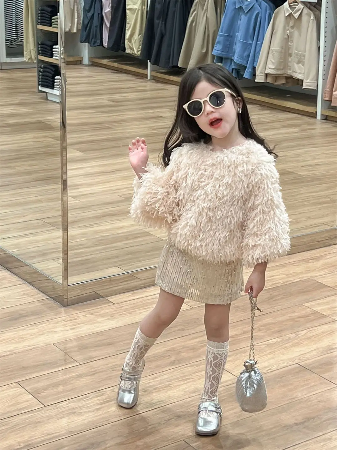 Childrens Sets Feather Long Sleeve Tops Sequin Skirt Fashion 2024 Autumn New Korean Style Childrens Two Piece Sets