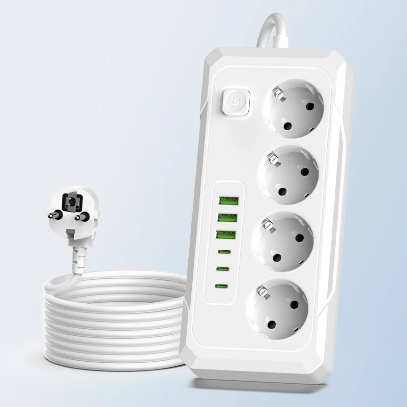 Tomada Elétrica EU 10 em 1 com 4 Saídas AC, 3 USB-A e 3 Portas Tipo-C, Interruptor de Segurança, Design Protetor, Carregamento Seguro e Durável