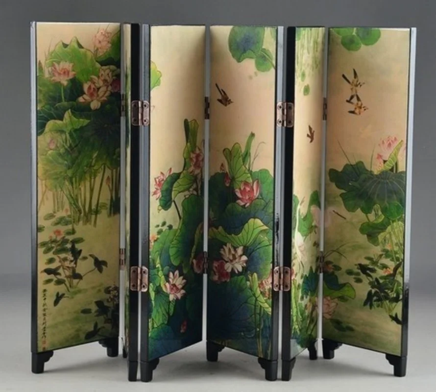 Oriental Lacquerware Folding Screen Handmade Old Painting Lotus Writing Screen Traditional Decorative Art Panel
