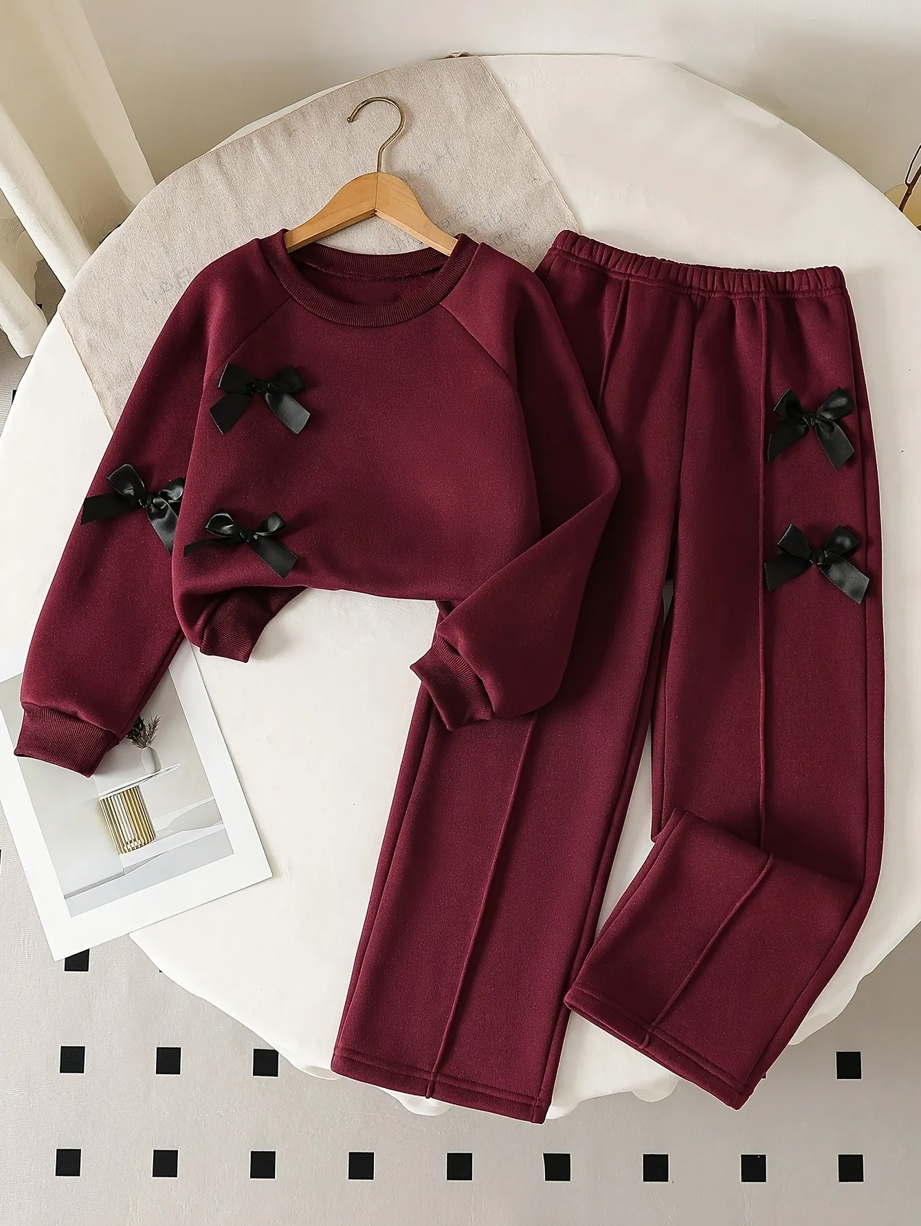 Coquette Girls Burgundy 2 Piece Bow Sweatshirt Set Crew Neck Raglan Top Straight Pants Vintage Sweet Casual Outfit for 4-12Y