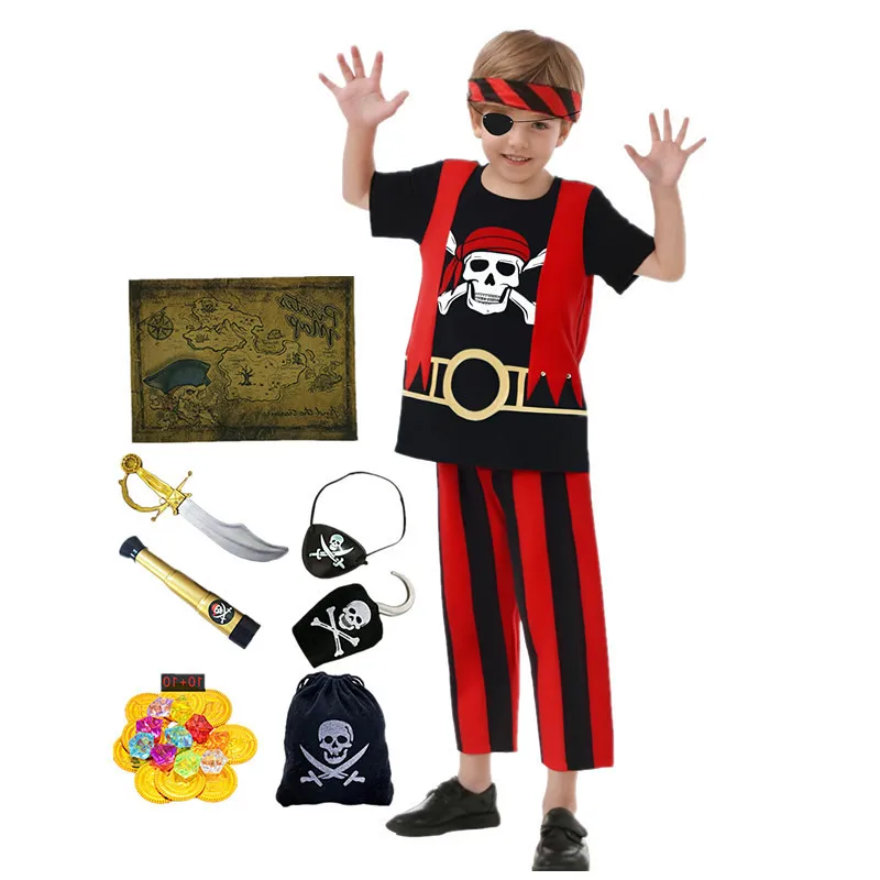 

3-12Y Pirate Costume with Striped Pants Role Play Outfit and Accessories 7PCToy Gift Halloween Cosplay Party Dress Up