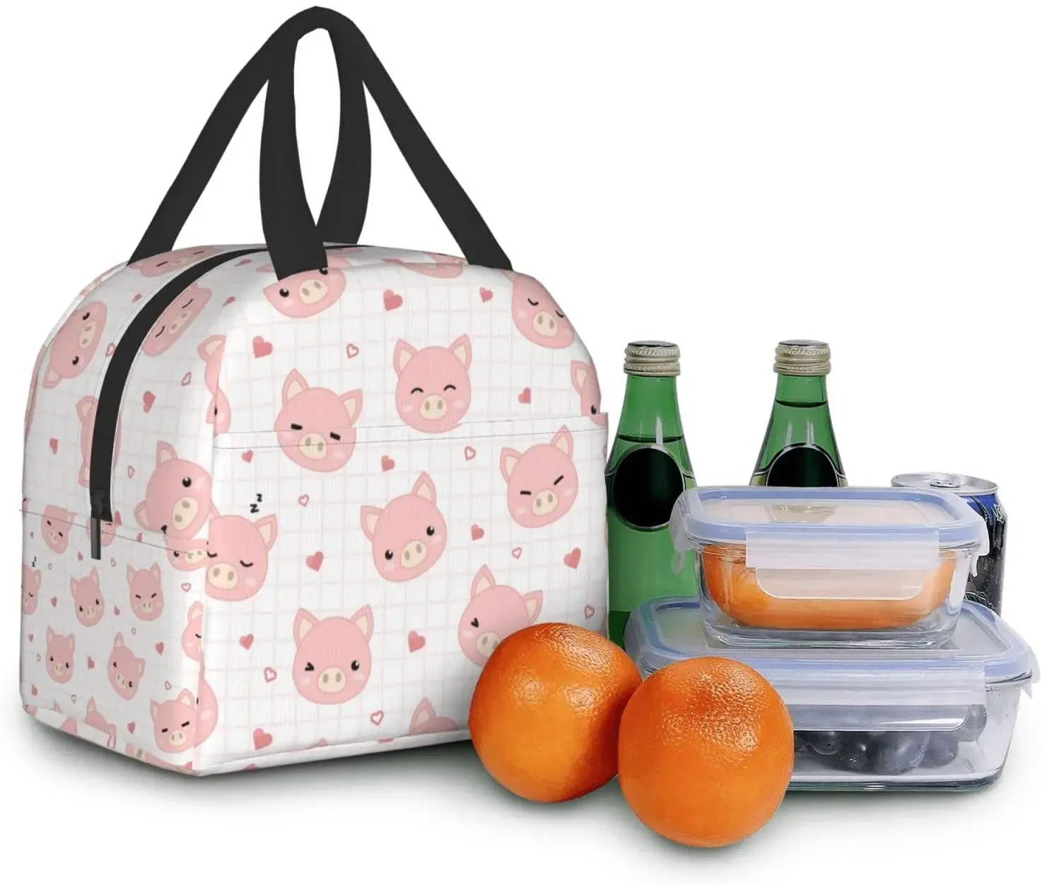 Cute Pig with Grid and Heart Cooler Lunch Box Portable Insulated Canvas Lunch Bag Thermal Food Picnic Lunch Bags for Women Kids