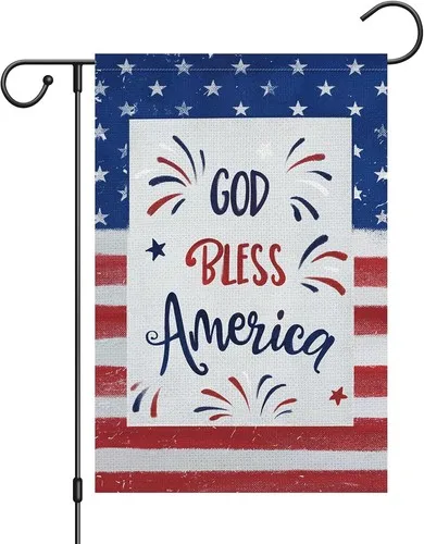 Welcome 4th of July Garden Flag Burlap, Small Patriotic God Bless, 12x18 XXQ