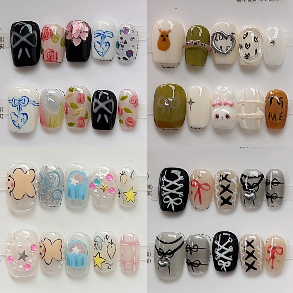 10Pcs 손으로 만든 Kawaii 만화 짧은 사각형 손톱에 언론 손으로 그린 ​​낙서 그라디언트 착용 가능한 장식 인공 손톱