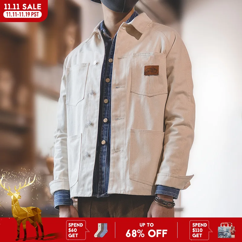 

Мужская винтажная джинсовая куртка Maden, белая джинсовая куртка с карманами, в стиле ретро, классический дизайн, 13,5 унции