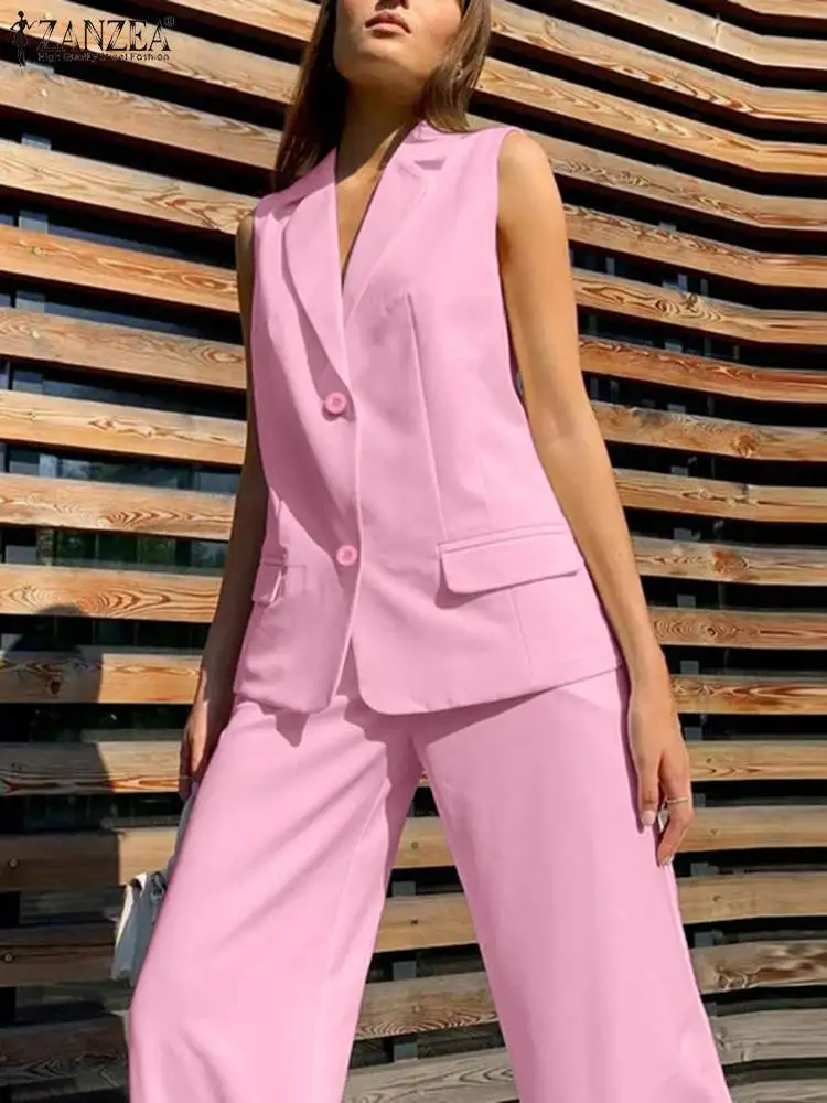 ZANZEA Fashion Summer Matching set 2 pezzi set di pantaloni donna Pink gilet Streetwear tute eleganti pantaloni elastici in vita