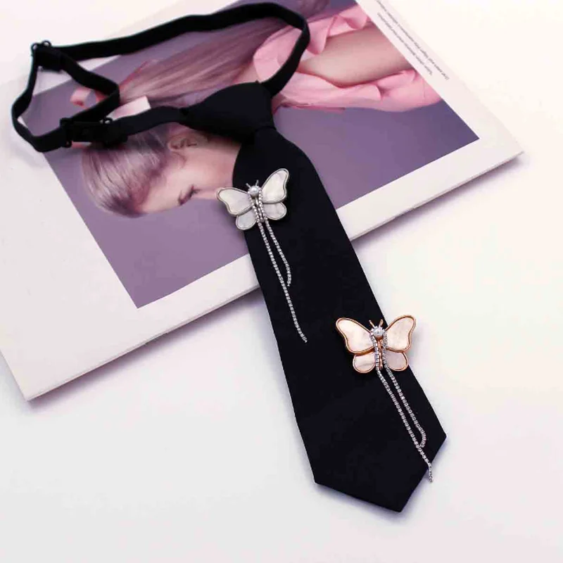 New Korean Sweet Butterfly Tassel Diamonds Neck Tie Rhinestone Bow Tie for Clothing Accessories Women Shirt Black Shirt Ties