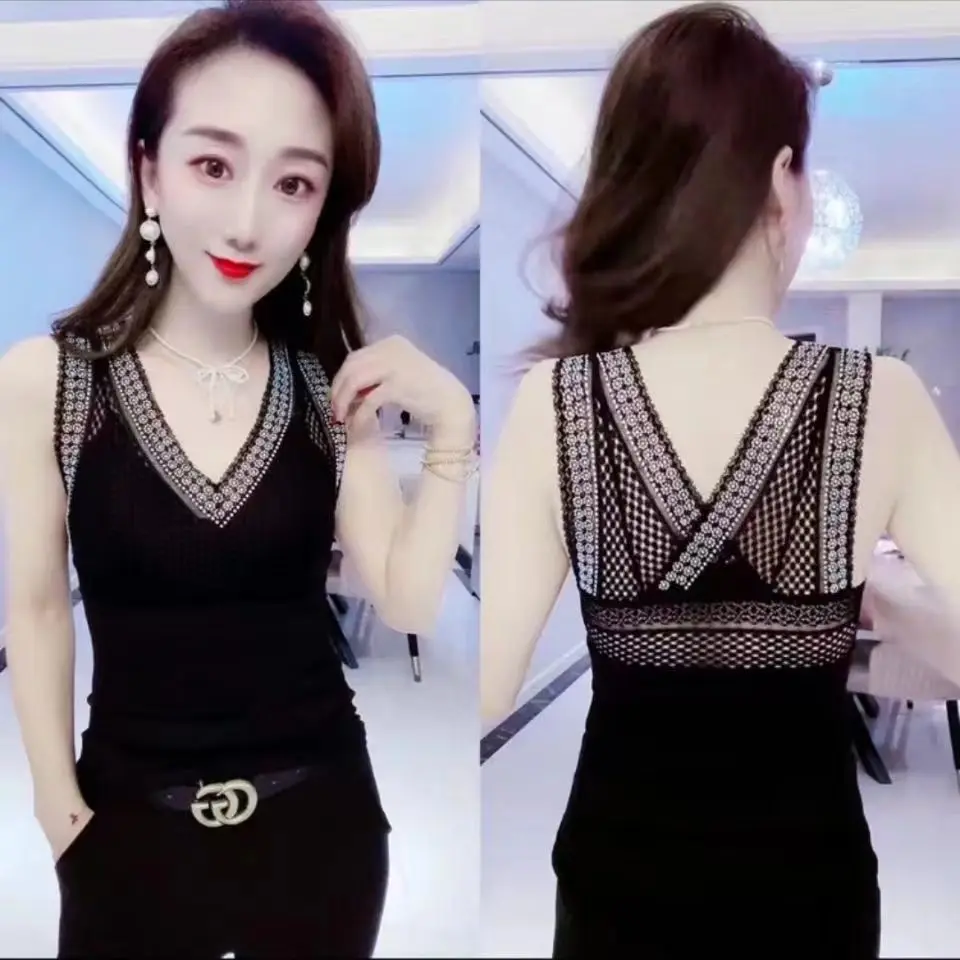 New Diamonds Ladies Camisole Summer Thin Fashion Sleeveless Pullovers 2024 Women\'s Clothing Black V-neck Interior Lapping Tops
