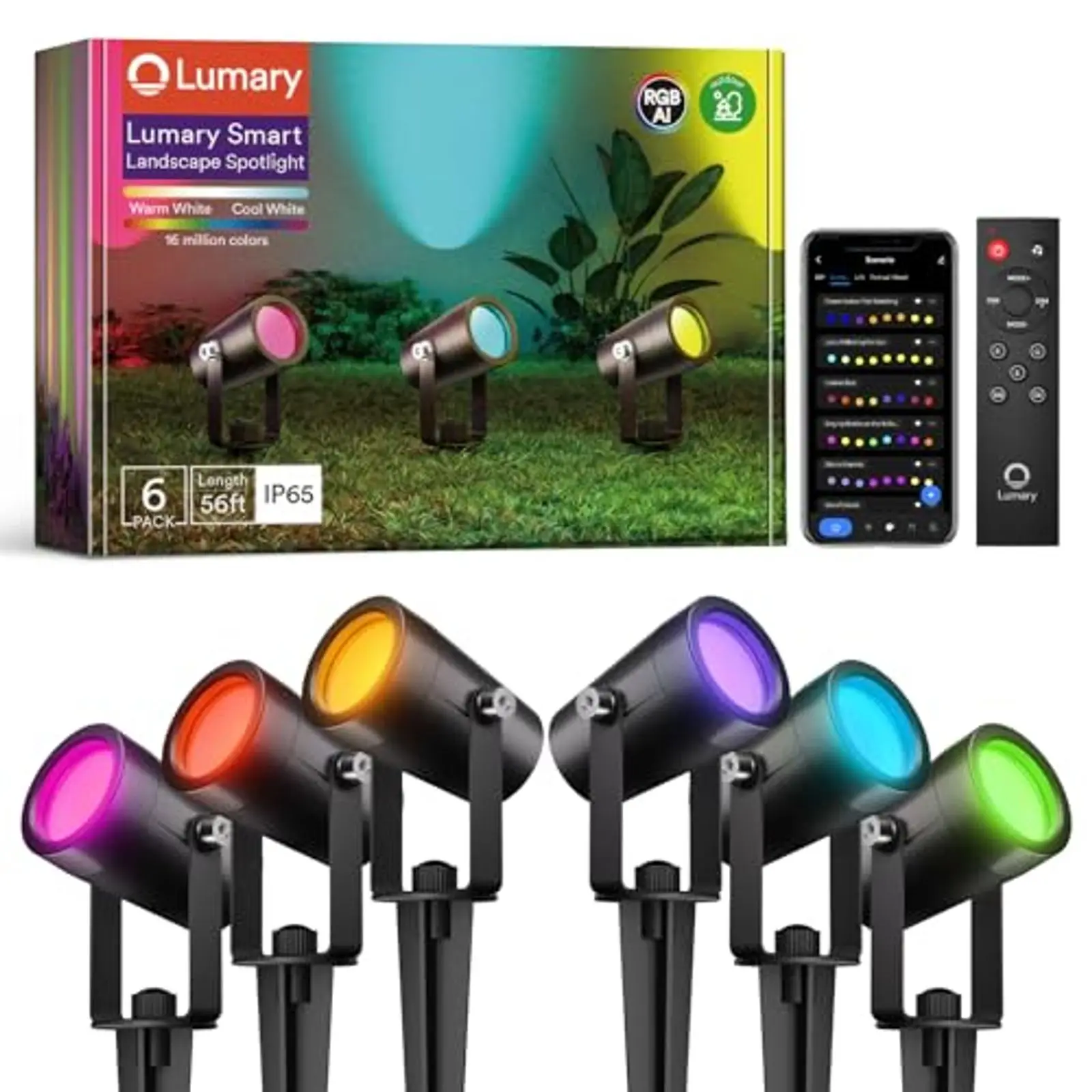

Outdoor Smart Landscape Lights Gen2, 56FT 6 Pack RGBAIWW Color Changing Spotlights, Low Voltage Yard Festival Lighting, Works wi