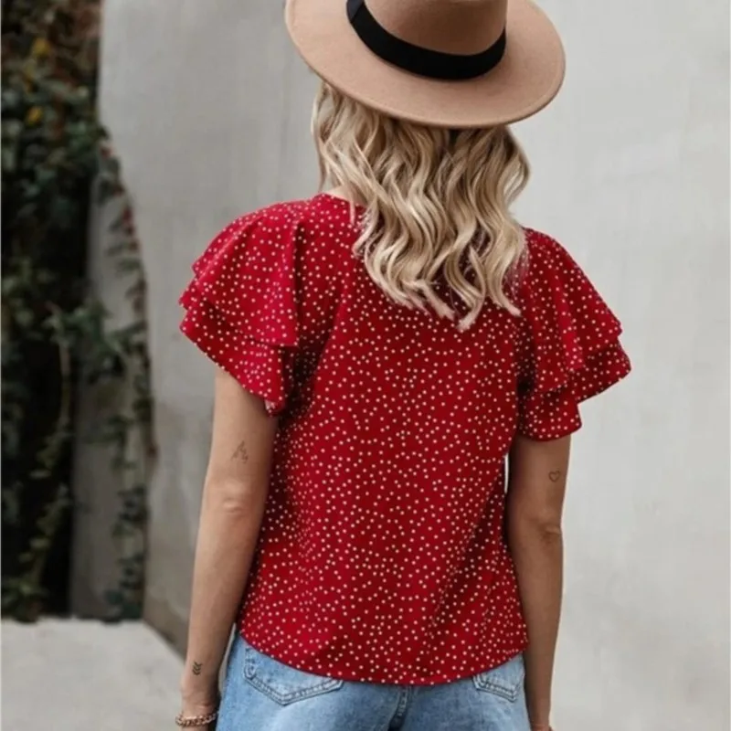 2025 sommer Neue Tunika Tops Für Frauen Kurzarm Polka Dots Bluse Arbeit Urlaub Hemd Casual O Neck Blusas Weibliche Chemise Mujer