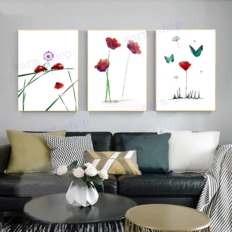 Ladybug Poppy and Butterfly Red Floral Art Poster Fashion Living Room Wall Modern Canvas Painting Home Decor Nordic Picture