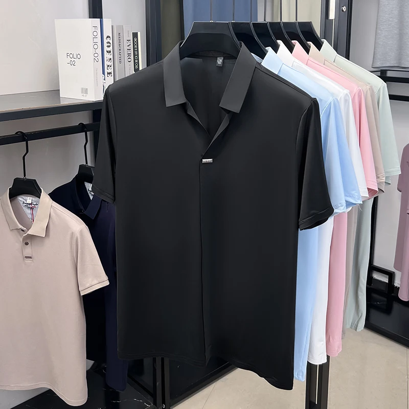 Herren Eisseide Hemd mit verdecktem Knopf, Reverskragen, Kurzarm, Slim Fit, weich, knitterfrei, atmungsaktiv, Sommer-Oberteil – Detail 21