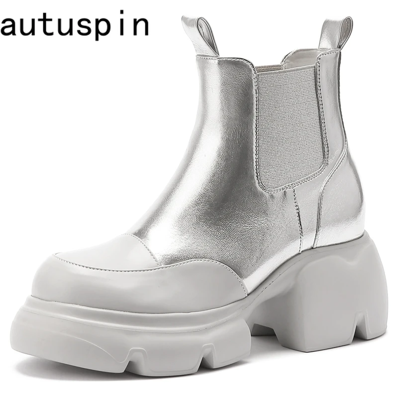 

AUTUSPIN New Arrival Chelsea Boots Ladies Fashion Slip-on Ankle Boot Women Leather Leisure Shoes Streetlish Female Thick Heels