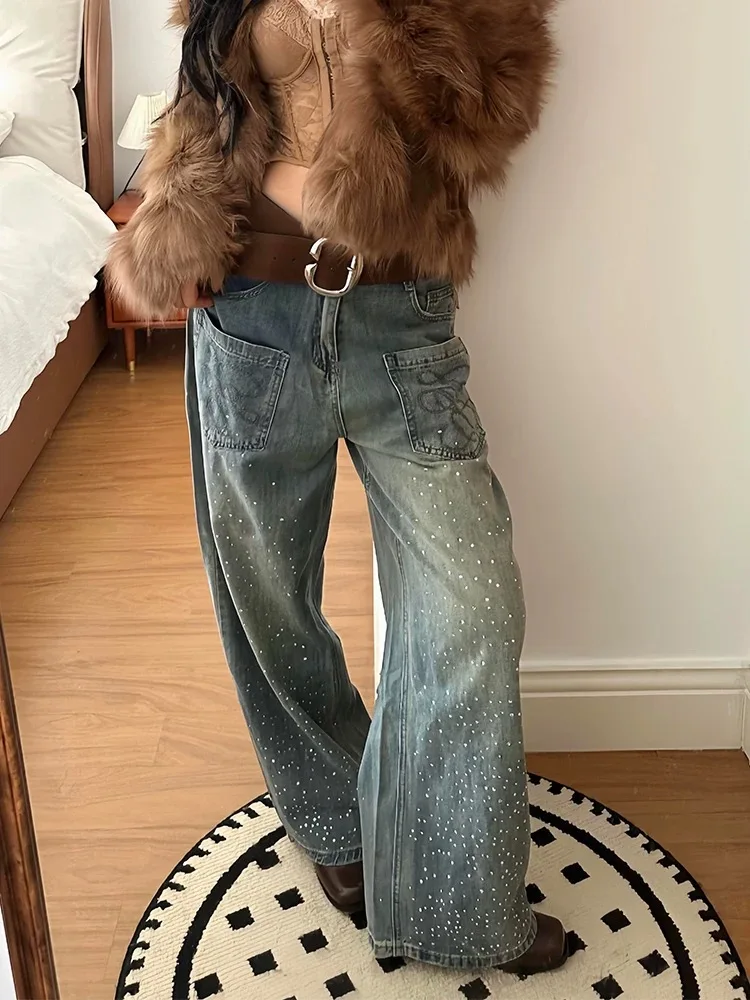 Y2K Pocket Jeans Women Embroidery Diamond Inlaid High Waist Straight Leg Pants Autumn Winter