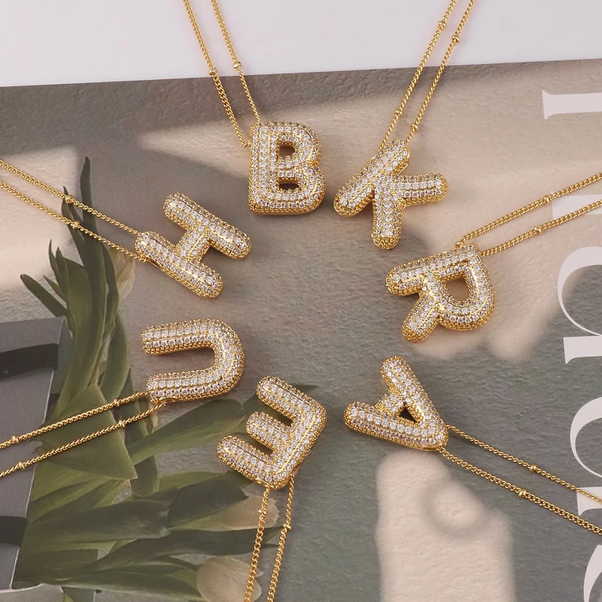 New Bubble Letter Necklace Copper Inlaid with Zircon 26 English Letter Pendant Personalized Hip-Hop Chubby Full Diamond Letter Necklace for Women