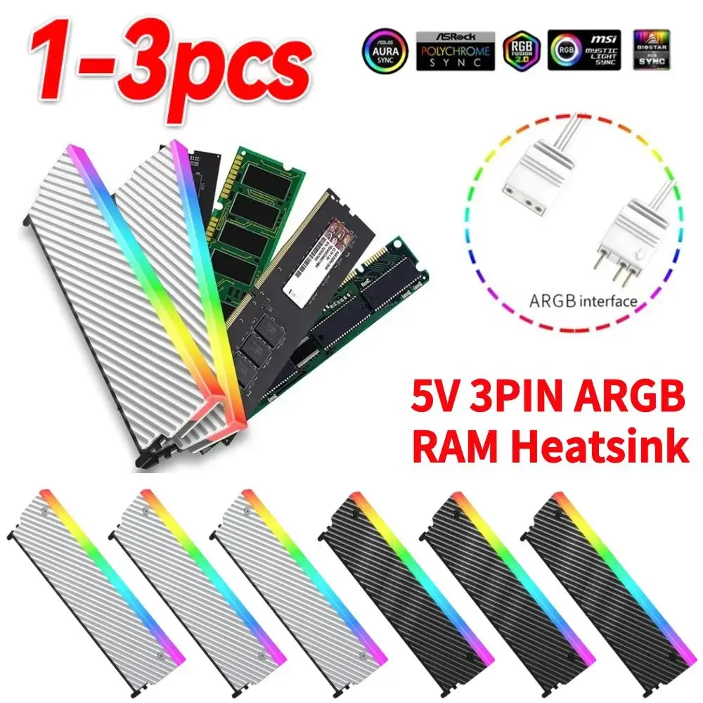 

Алюминиевый радиатор-накладка для ОЗУ 5В 3PIN ARGB с термопрокладкой для охлаждения и рассеивания тепла модулей памяти для настольных ПК