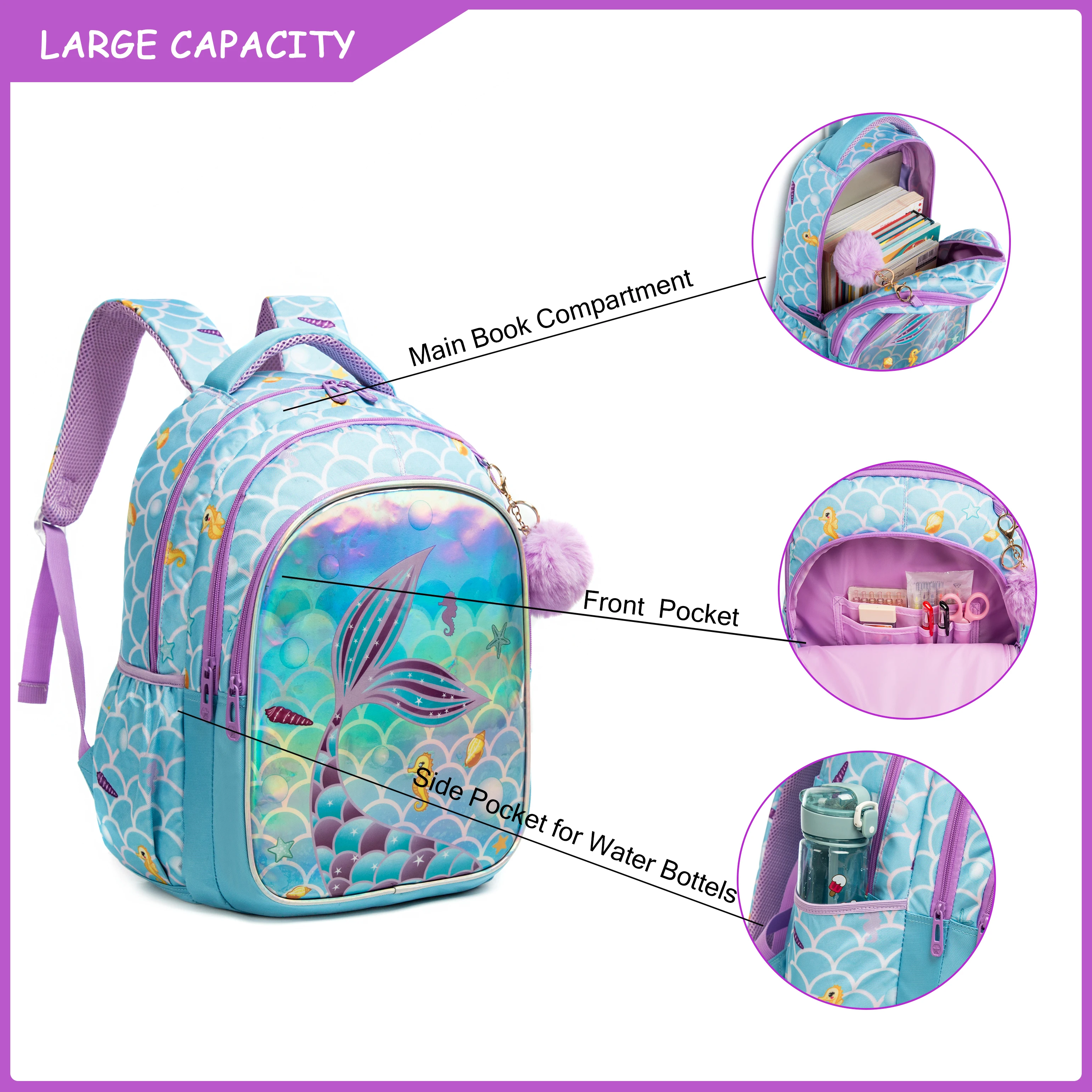 Meetbelify Cute Blue Mermaid Backpacks for Girls Elementary Kindergarten Students with Lunchbag and Penbag