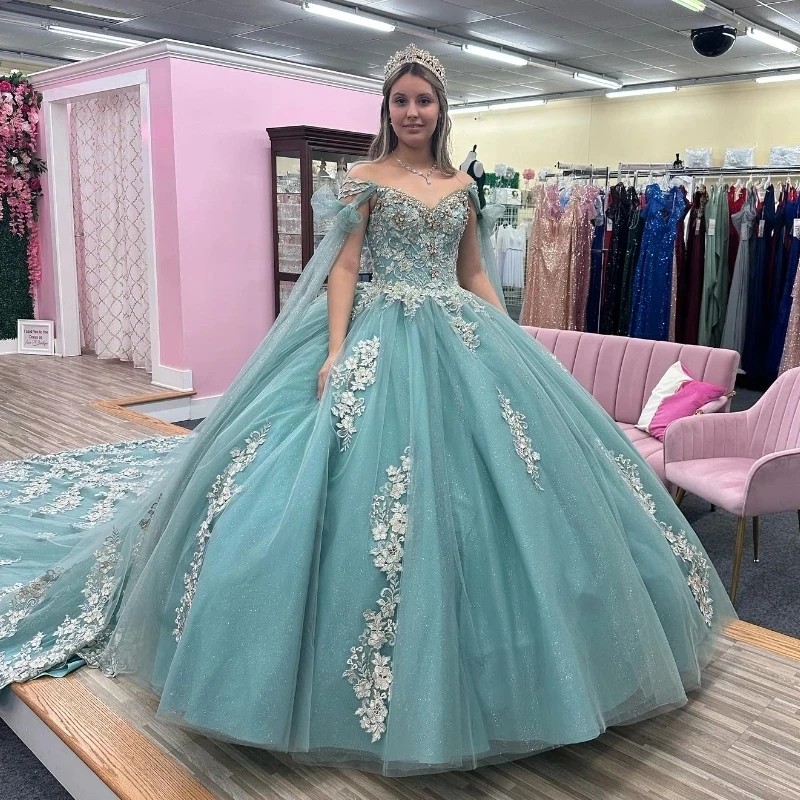 Vestido De princesa De quinceañera con cuello en V brillante, azul acuático, vestido De baile con capa, Apliques De encaje, dulce 16, 15 Años