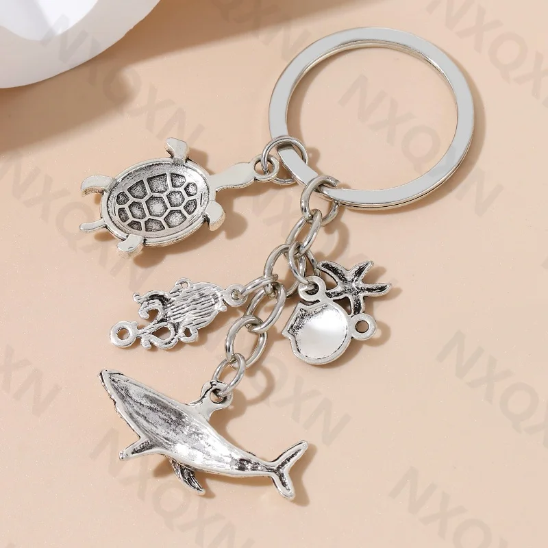 Classic Ocean Sharks Shells Starfish Turtles Alloy Keychain Sea Life Animals Key Ring For Women Men Handmade Jewelry Set