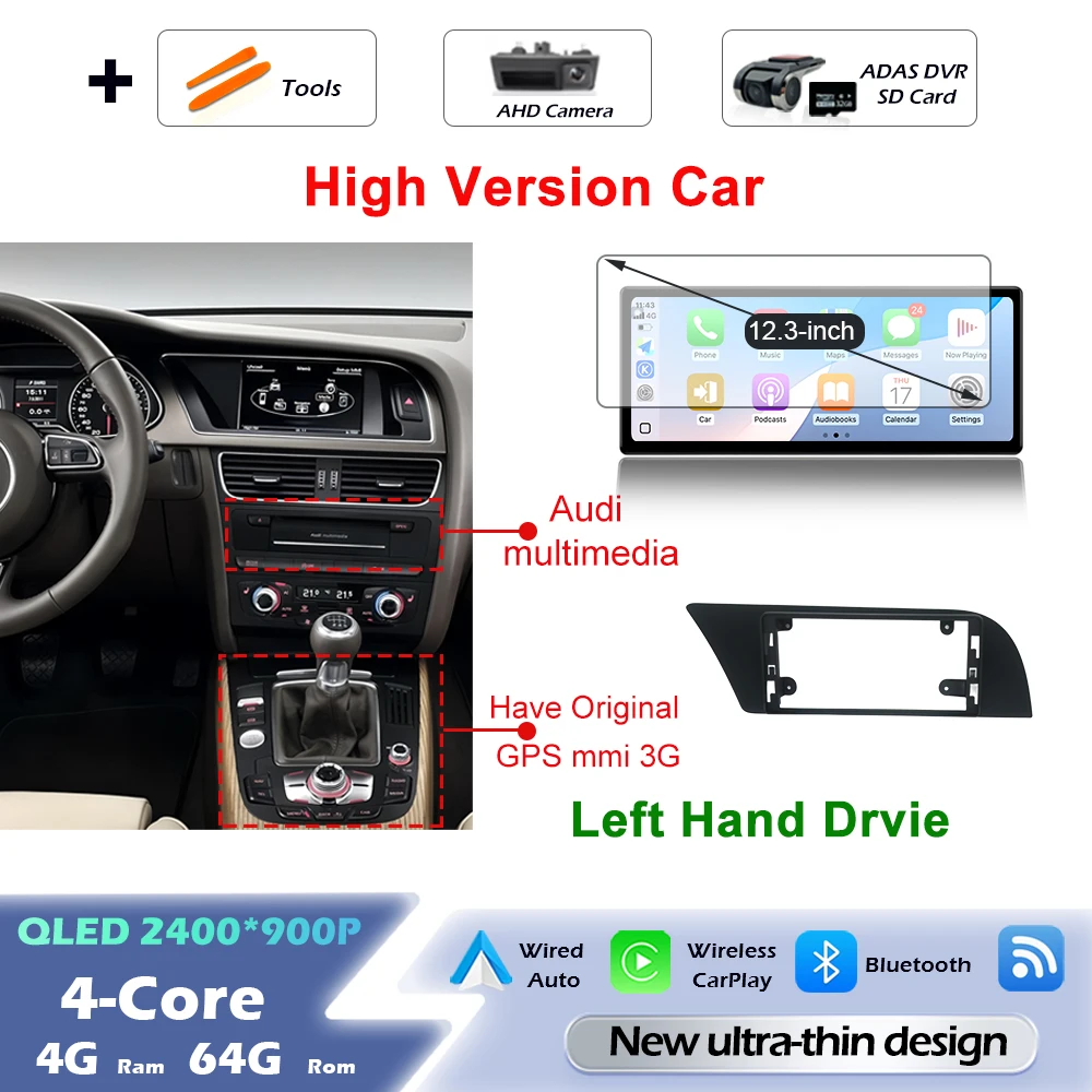 Android 16 draadloze Carplay autoradio multimediaspeler GPS navigatie ultradunne scherm DSP stereo WiFi voor Audi A4 B8 A5 2009 - 2016