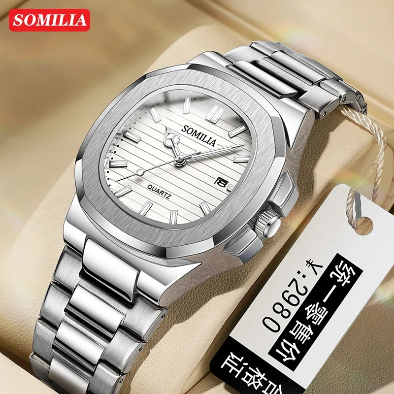 SOMILIA 2310 Reloj de cuarzo de lujo para hombre, calendario, luz nocturna, negocios, acero inoxidable, tendencia de moda, reloj de cuarzo para hombre