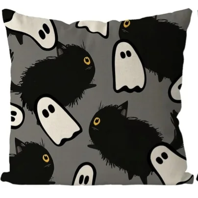 New Halloween Pillow Cover Colorblocking Pumpkin Head Cushion Cover Spooky Kitten Pillow Cover Cute Cartoon Style