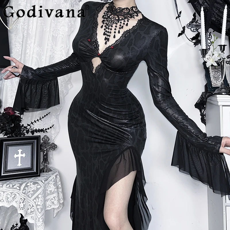 المرأة الجوف خارج سبليت فستان طويل هالوين القوطية نمط تكدرت الخامس الرقبة فستان الإناث الخريف القوطي تأثيري ازياء فستان