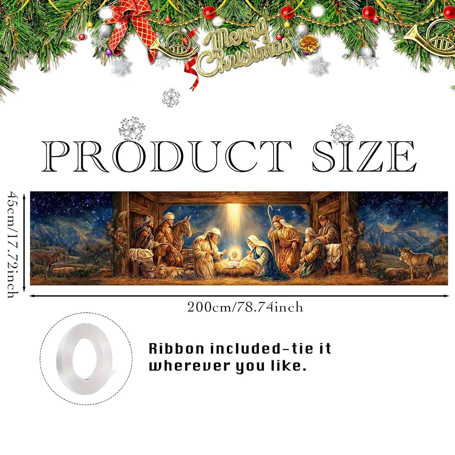 لافتة عيد ميلاد سعيد كبيرة، عائلة مقدسة وملائكة - لافتة داخلية وخارجية للفناء والحديقة والحديقة - حظر زينة حفلات العطلات #3