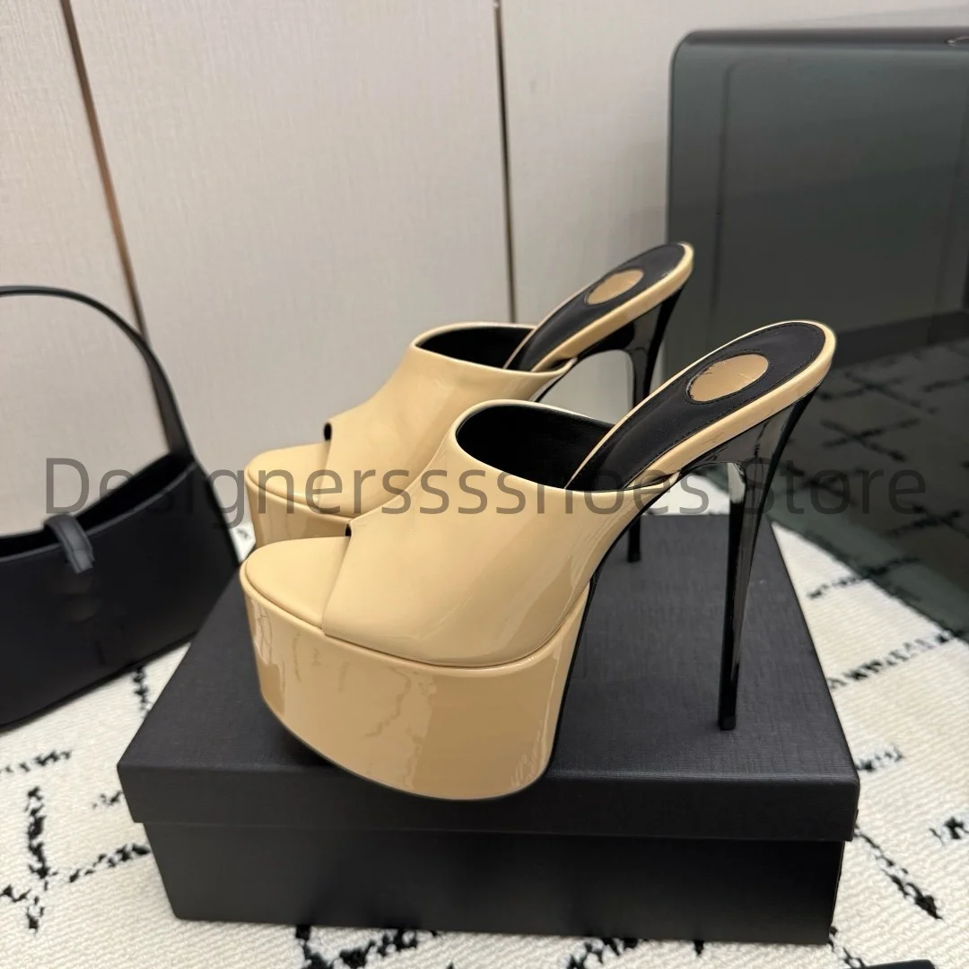 High Heel Platform Peep Toe Sandals Patent Leather Upper Sheepskin Insole Italian Leather Outsole Size 34-41