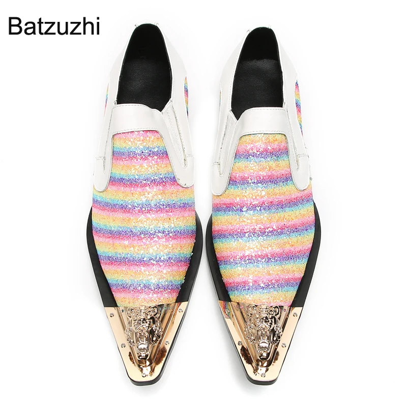 

BatzuzhiLuxury Handmade Men's Shoes Gold Iron Toe Color Leather Dress Shoes Men Business, Party, Wedding Shoes for Men, EU38-47