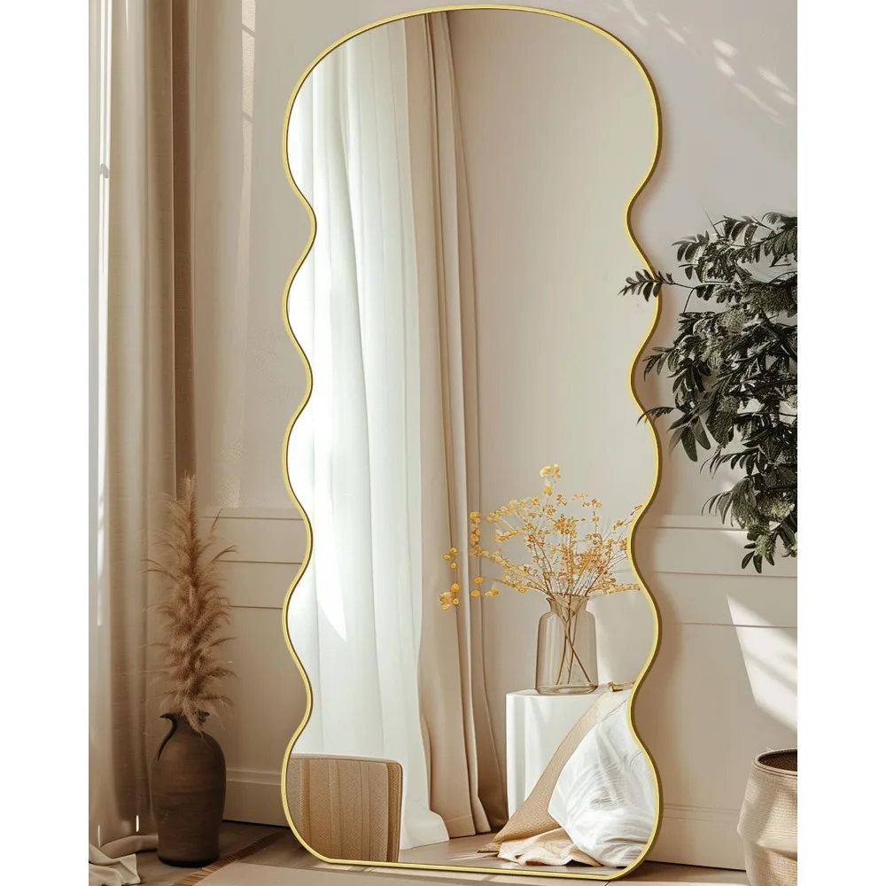 Miroir pleine longueur ondulé 71x28 pouces, avec grand support, debout, verre HD résistant à la pression VPN, miroir de sol