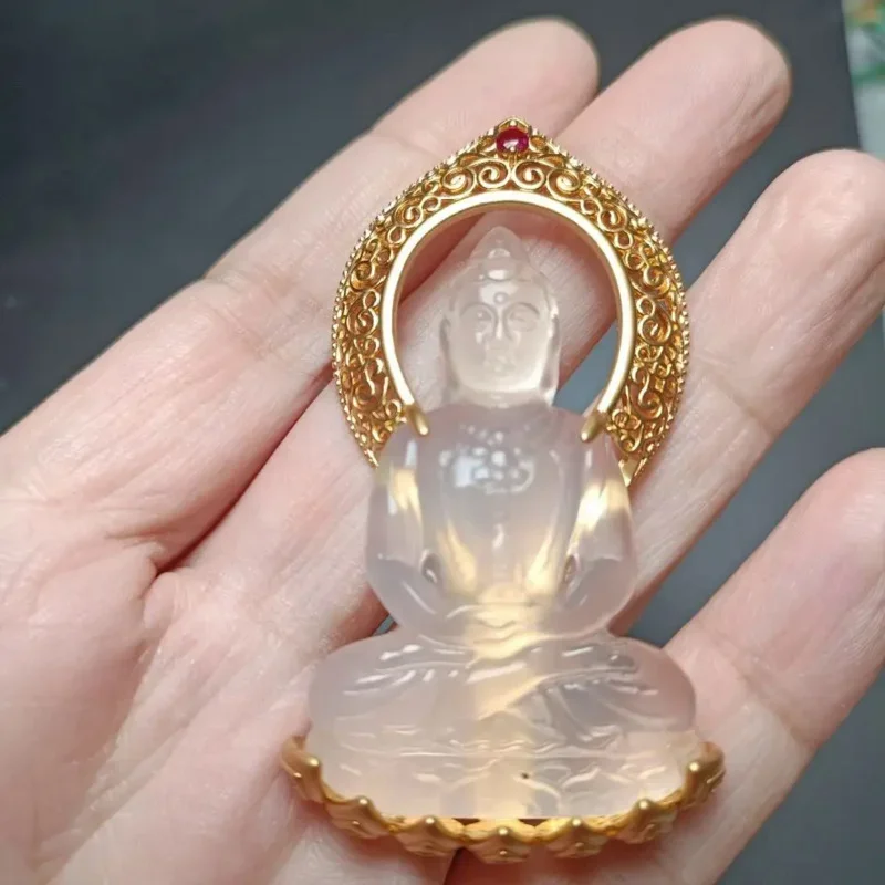 Natural High Ice Agate Jade Pendant Men's and Women's Prayer Guanyin Jade Pendant 18K Gold Chalcedony Jade Pendant