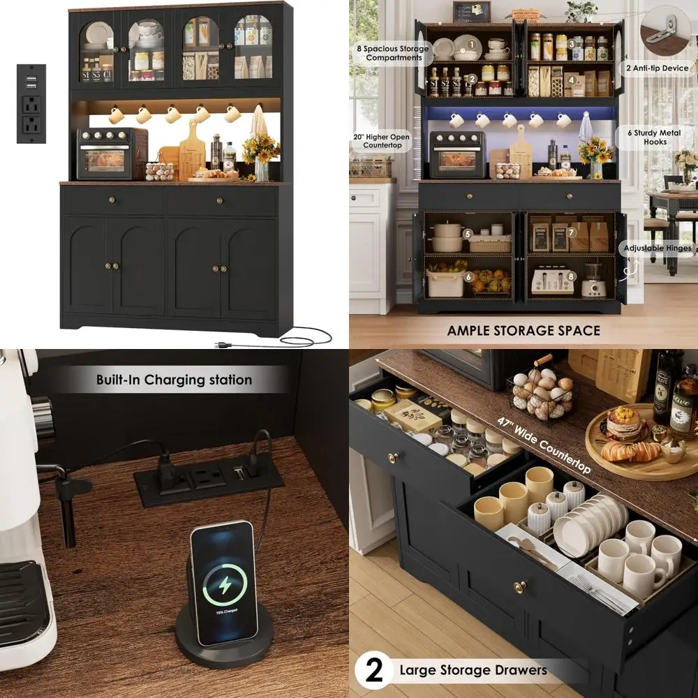 Gabinete de despensa de cocina con iluminación LED grande con toma de corriente, aparador de almacenamiento con puertas y estantes arqueados, 2 cajones para cocina mejorada