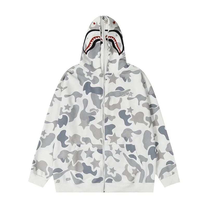 

Bear House Anime C American High Street Double Hat Camouflage Shark Zipper Hoodies Men Couple Coat Spring Autumn Hip Hop ZoZ*1h9