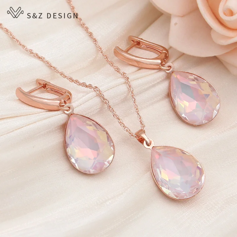 S&Z DESIGN New Fashion Classic 585 Rose Gold Color Water Drop Crystal Dangle Earrings Jewelry Sets For Women Wedding Necklace