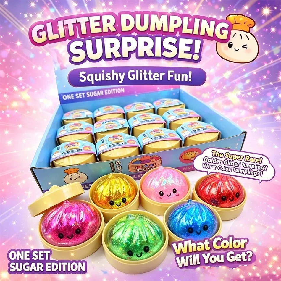 Juguetes Sensoriales Antiestrés de 6 Estilos Coloridos con Purpurina en Forma de Dumpling, con Caja