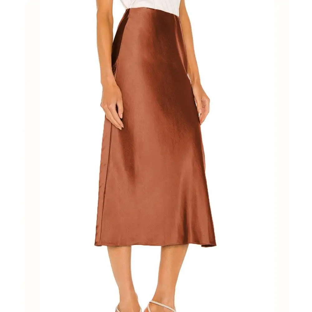 

Summer Women Skirt 2024 High Waist A-Line Midi Skirt Solid Color Side Slit Design Smooth Satin Mid-calf Skirt